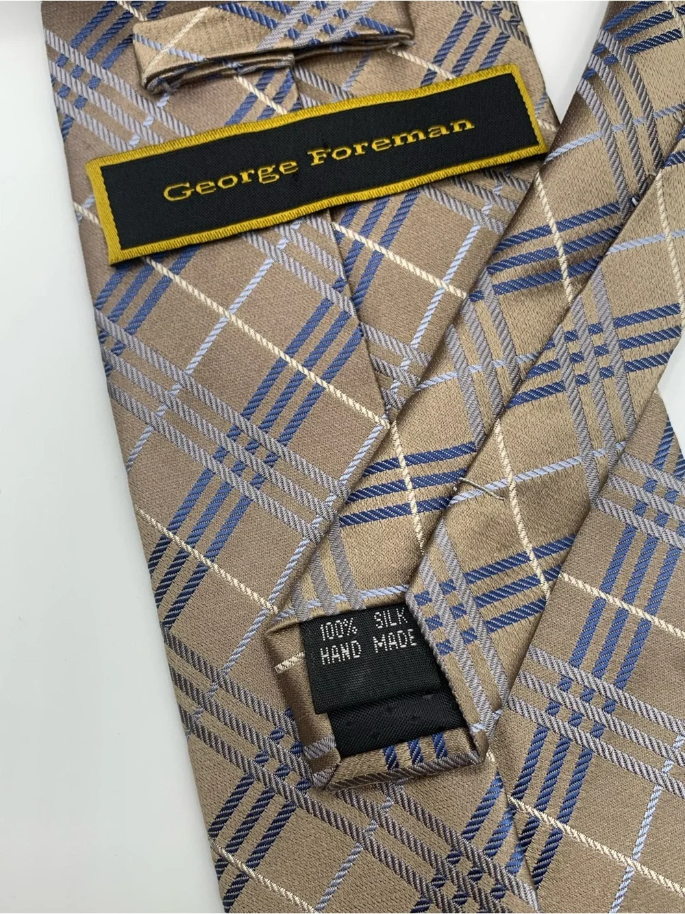 GEORGE FOREMAN Handmade Extra Long Plaid Men's Tie in Light Brown and Blue Trim